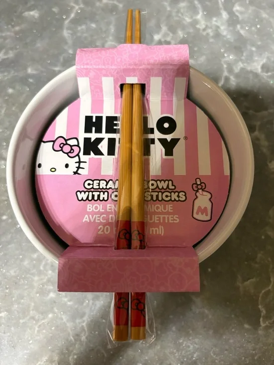 Hello Kitty Pink & White Bowl with Chopsticks NWT - Picture 1 of 3